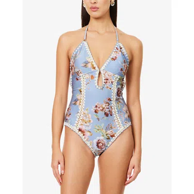 Zimmermann Womens Chambray Floral Awaken Crochet Keyhole Swimsuit In Blue