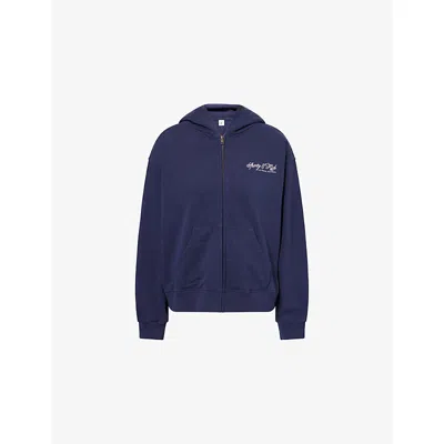 Sporty And Rich Womens Dark Navy Farm Logo-print Cotton Hoodie In Blue