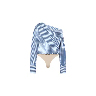 Good American Womens Indigo Stripe The Cut Layered Wrap-front Cotton-blend Shirt Body In Blue