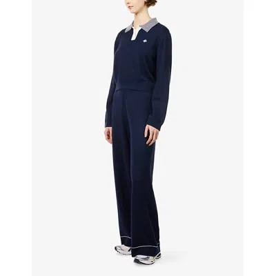 The Couture Club Womens Navy Embroidered-logo Ribbed Knit Trousers In Blue