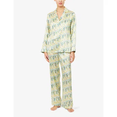 Olivia Von Halle Lila Loulou Printed Silk Satin Pajama Set In Yellow