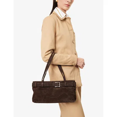 St.agni Womens Coffee Belt Baguette Leather Suede Shoulder Bag In Brown