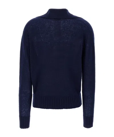Tom Ford V Neck Long Sleeve Ribbed Hem Polo In Blue