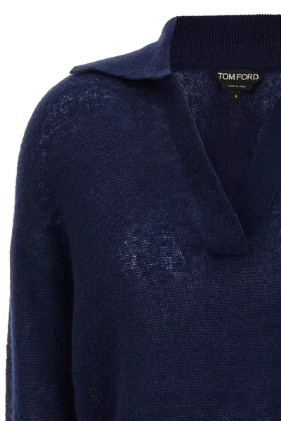 Tom Ford V Neck Long Sleeve Ribbed Hem Polo In Blue