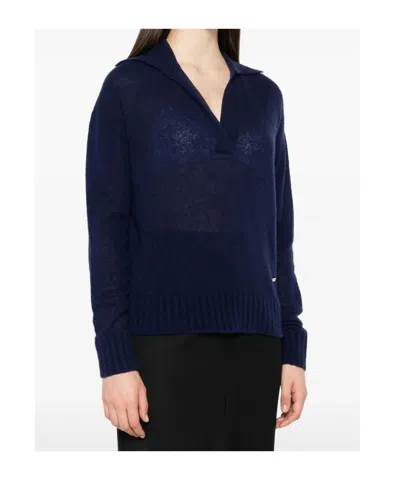 Tom Ford V Neck Long Sleeve Ribbed Hem Polo In Blue