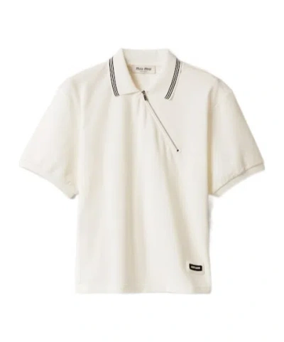 Miu Miu Ribbed Trim Zippered Polo Shirt In White