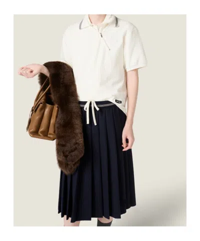 Miu Miu Ribbed Trim Zippered Polo Shirt In White