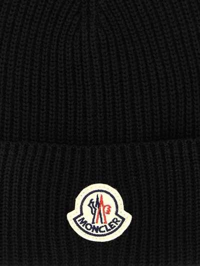 Moncler Ribbed Texture Wool Hat Winter Style In Black