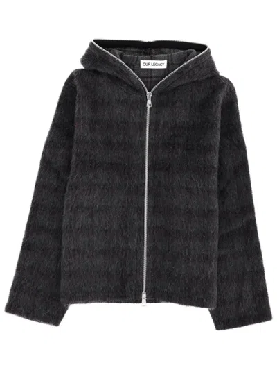 Our Legacy Checked Brushed Wool-blend Zip-up Hoodie In Gray