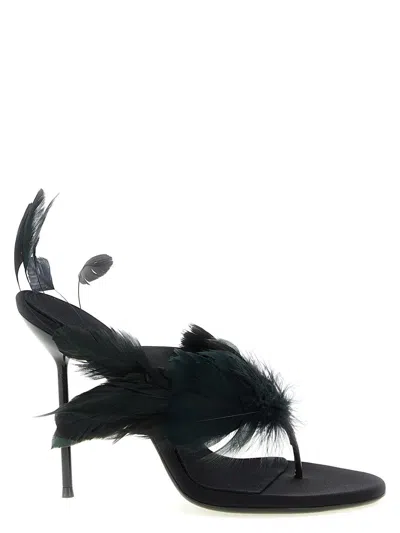 Paris Texas Lidia Feather Thong Silk Mules In Black