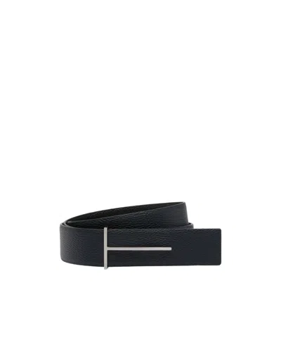 Tom Ford Dark Brown Reversible Textured Silver Buckle Belt In Black