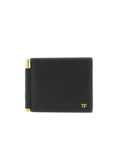 Tom Ford Compact Grain Wallet Gold Tone Hardware In Black
