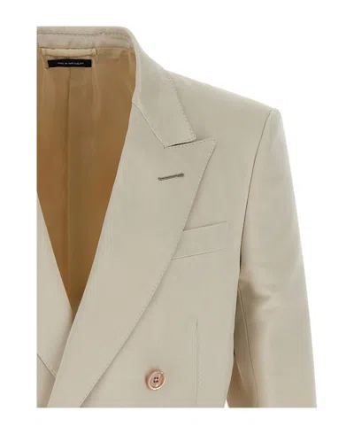 Tom Ford Double-breasted Tailored Blazer Featuring Back Vent In Neutral