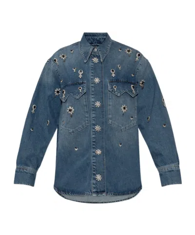 Allsaints Crystal Appliqué Denim Shirt In Blue