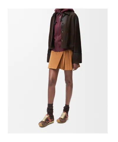 Loewe Pleated Mini Skirt In Suede Lambskin In Brown