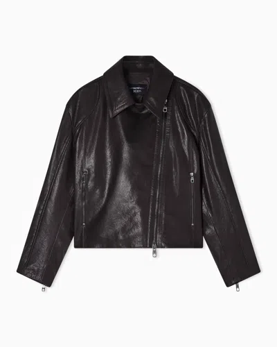 Emporio Armani Asv Oversized Biker Jacket In Vegetable-tanned Nappa Lambskin In Brown