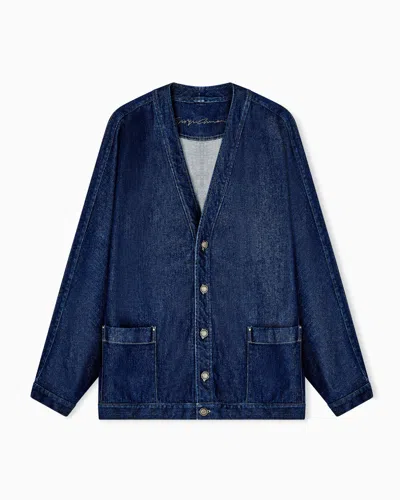 Giorgio Armani Indigo Denim V-neck Metallic Button Jacket In Blue