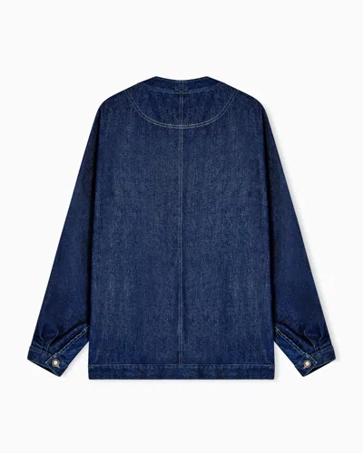 Giorgio Armani Indigo Denim V-neck Metallic Button Jacket In Blue
