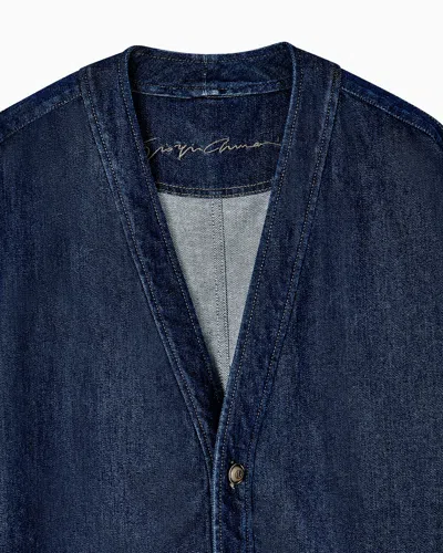 Giorgio Armani Indigo Denim V-neck Metallic Button Jacket In Blue