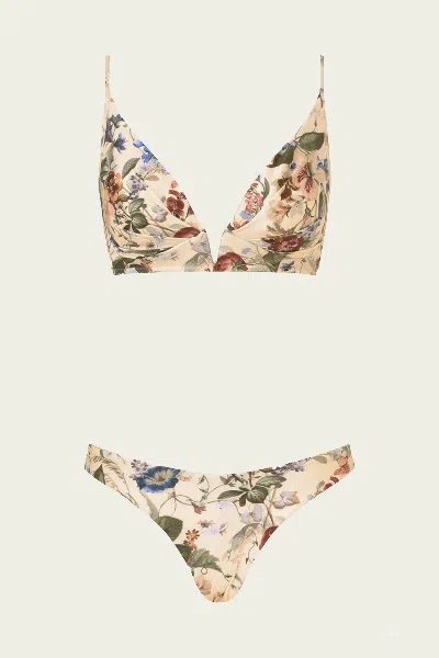 Zimmermann Patience Tuck Plunge Bikini Set In Vanilla Floral In Multi