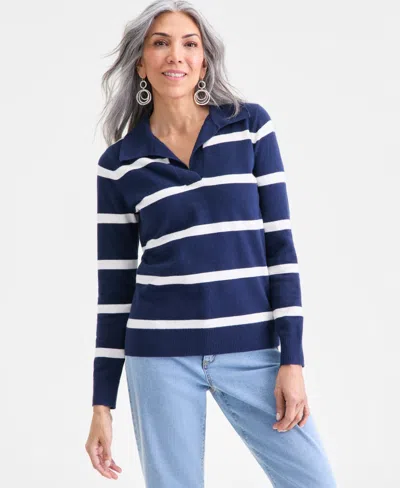 Style & Co Petite Striped Johnny Collar Sweater, Macy's Exclusive In Blue
