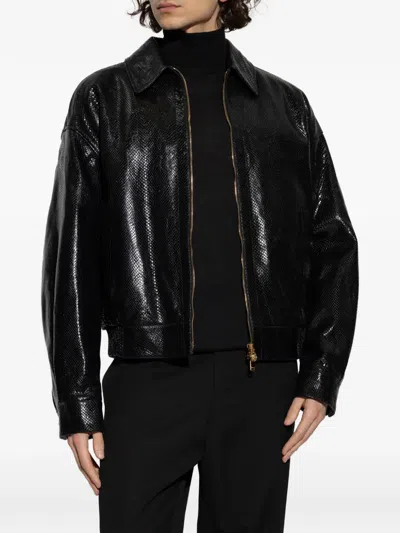 Versace Python Embossed Leather Jacket In Black