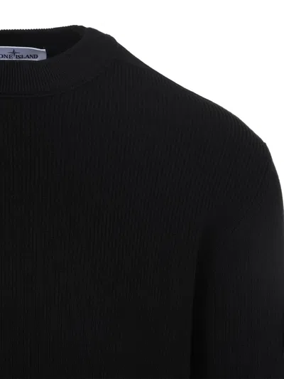 Stone Island Crewneck Sweatshirt With Ribbed Detailing And Logo Patch In Black