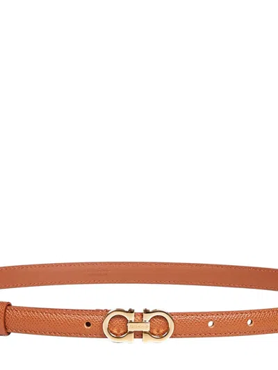 Ferragamo Women Beige Hammered Calfskin Gancini Belt In Brown