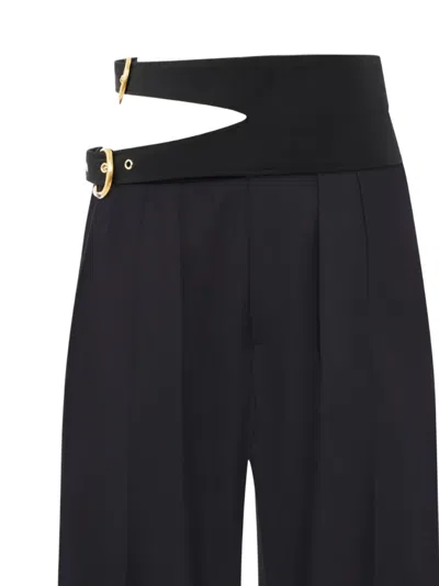 Chloé Buckle Keyhole High Waist Wool Straight Leg Pants In Black