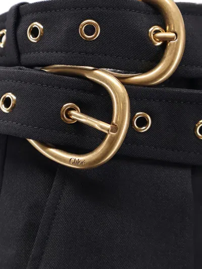 Chloé Buckle Keyhole High Waist Wool Straight Leg Pants In Black
