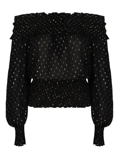 Self-portrait Shirred Metallic-effect Off-shoulder Top In Black