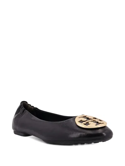 Tory Burch Leather Ballerinas With Metal Logo On The Front In Black
