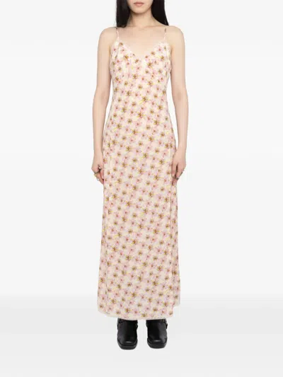 Zadig & Voltaire Ramelil Mirror Flowers Lace Trim Crepe Slipdress In Neutral