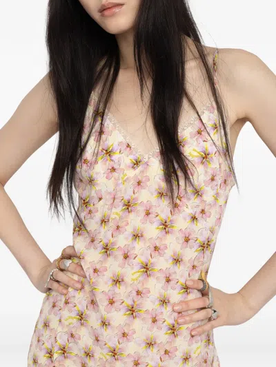 Zadig & Voltaire Ramelil Mirror Flowers Lace Trim Crepe Slipdress In Neutral