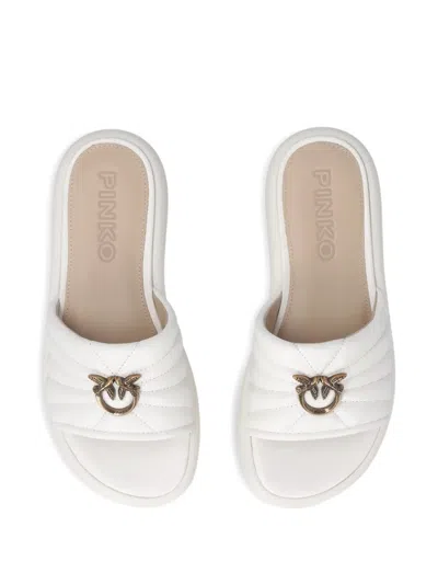 Pinko Fiona White Slides With Chunky Design And Love Birds Logo Plaque In Leather Woman