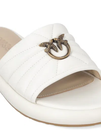 Pinko Fiona White Slides With Chunky Design And Love Birds Logo Plaque In Leather Woman