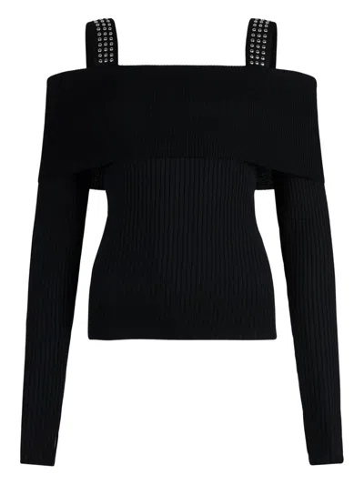 Liu •jo Off-the-shoulder Stud Sweater In Black