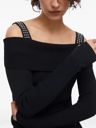 Liu •jo Off-the-shoulder Stud Sweater In Black