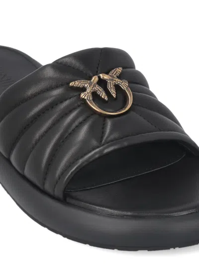 Pinko Fiona Black Slides With Chunky Design And Love Birds Logo Plaque In Leather Woman