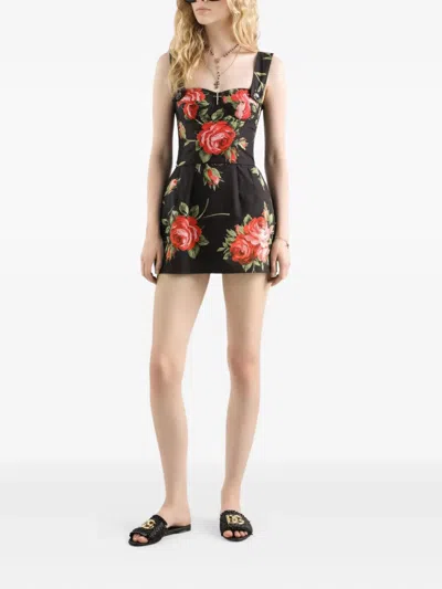 Dolce & Gabbana Floral-print Cotton Bustier Mini Dress In Black