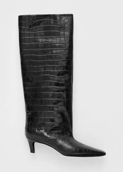 Totême Brown Croco-embossed Wide Shaft Tall Boots In Black
