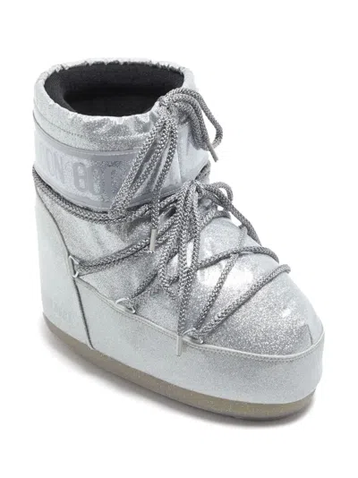 Moon Boot Icon Low Silver Glitter Ankle Boots In Gray