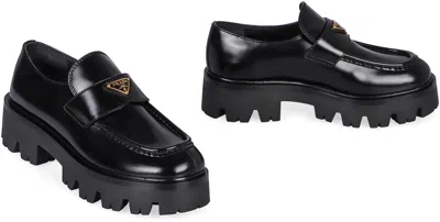 Prada Platform Leather Triangle Logo Loafers In Black