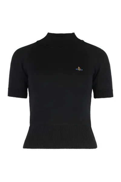 Vivienne Westwood Fitted Short Puff Sleeve Sweater With Embroidered Emblem In Black