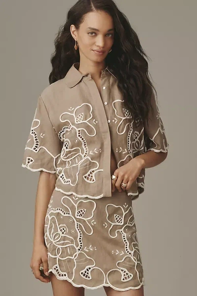 Lovaan Millicent Eyelet Linen Mini Skirt In Brown