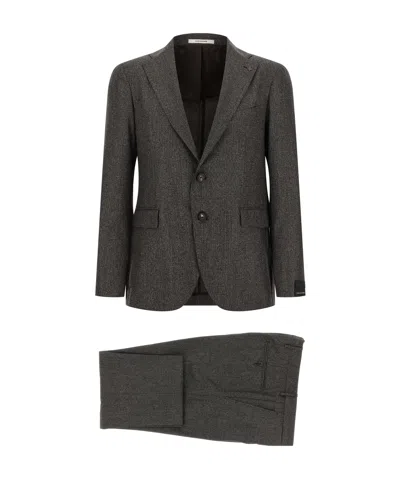 Tagliatore Micro Houndstooth Pattern Wool Suit With Blazer And Tailored Pants In Brown