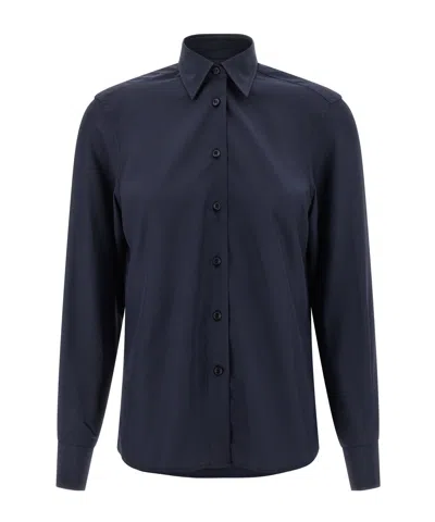 Brioni Long-sleeved Curved Hem Shirt In Blue