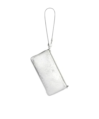 Courrèges Rectangular Zipped Pouch In Crinkled Silver Leather In Silver