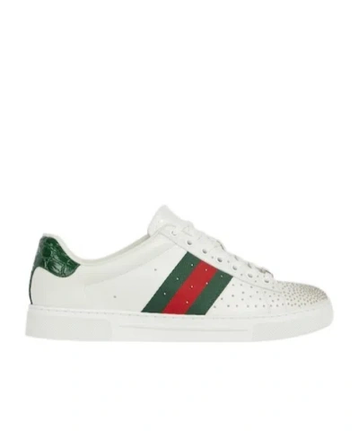 Gucci Ace Leather Sneakers With Lateral Web Band In White