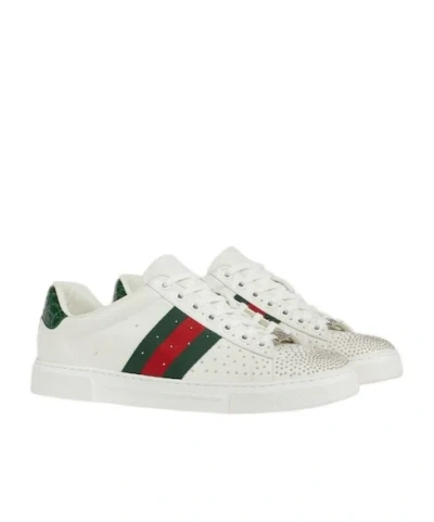 Gucci Ace Leather Sneakers With Lateral Web Band In White